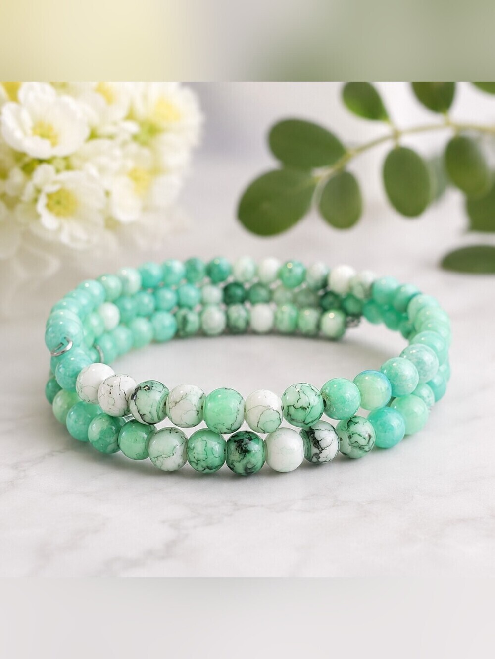 Seafoam Green Dragon Veins Beaded Wrap Bracelet – Handmade Coastal Jewelry - Picture 4 of 7